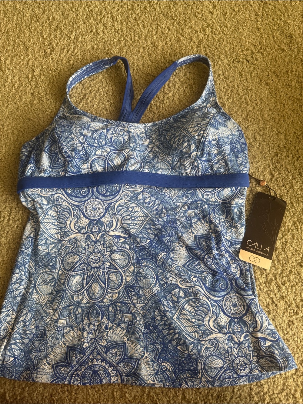 CALIA by Carrie Underwood Blue and White Floral-Print tankini top